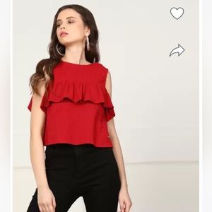 ZMORI WOMENS TOP, RED, OPEN SHOULDER, RUFFLE, size Small